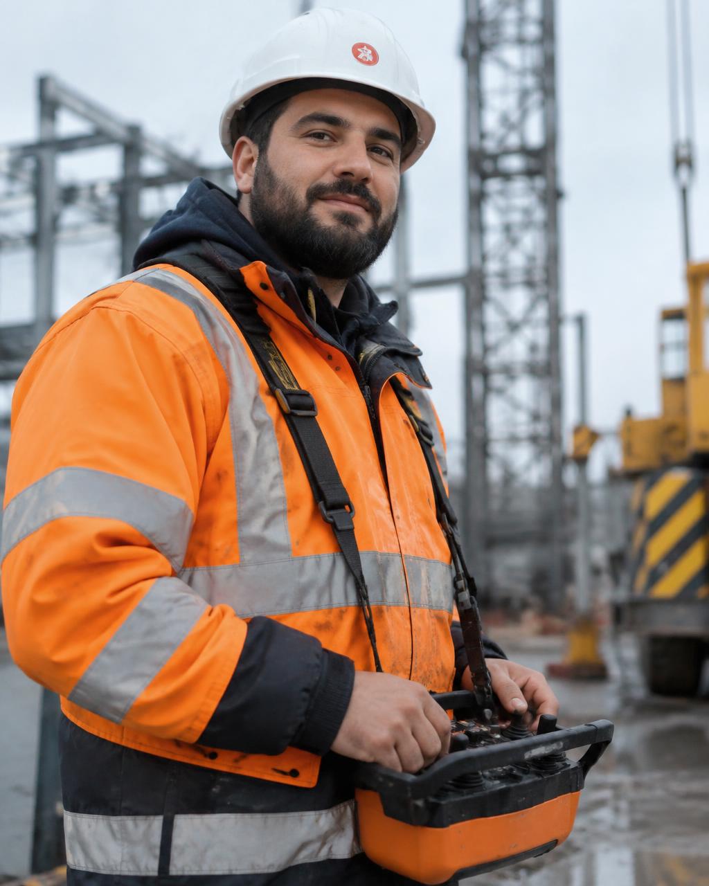 Kranfahrer mit Funksteuerung auf der Baustelle